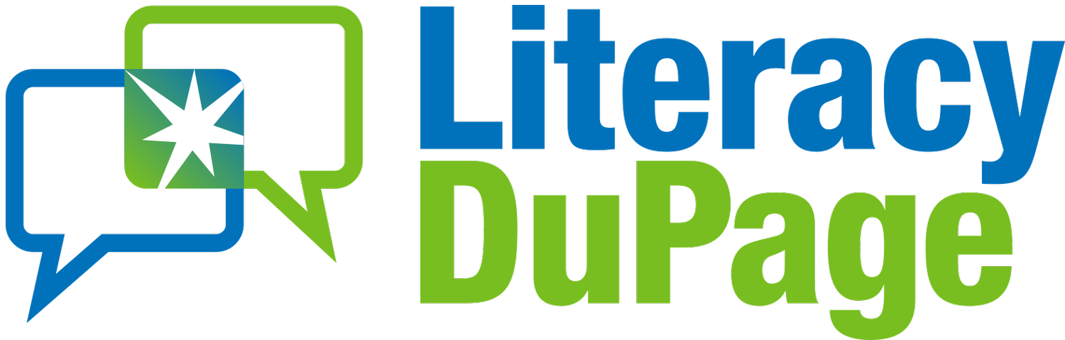 Literacy DuPage logo consisting of two speech bubbles, one blue and one green, interlinked with an excalmatory burst where they meet. The words "Literacy DuPage" to the right of the logo.